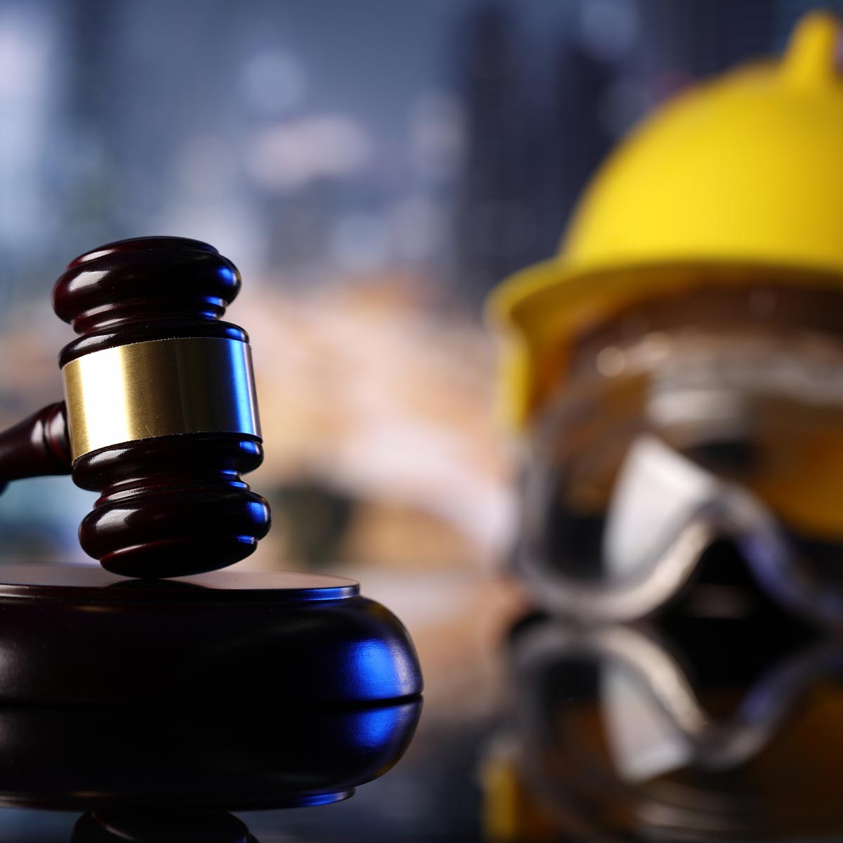 gavel with construction hat and safety goggles blurred in the background