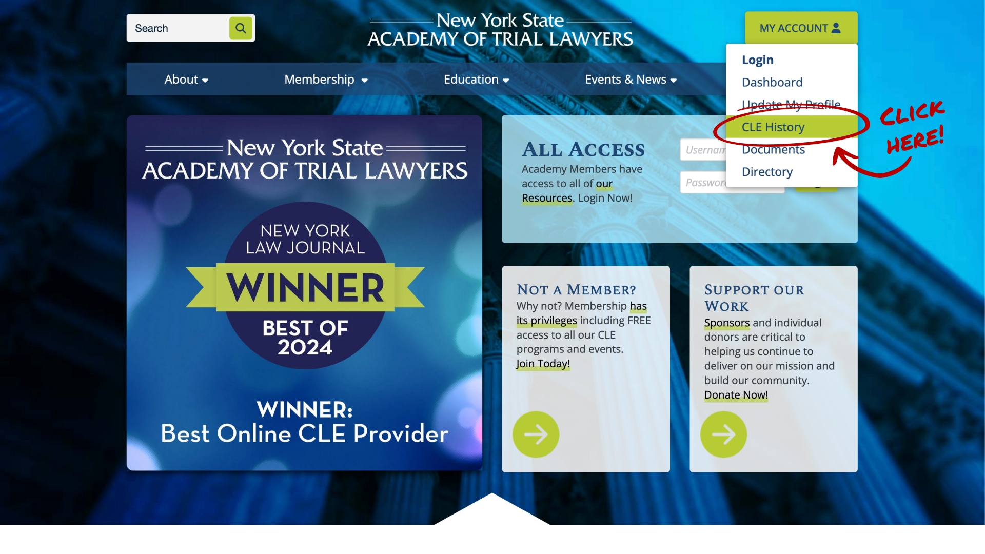 Image of 'CLE History' highlighted in the 'My Account' dropdown menu