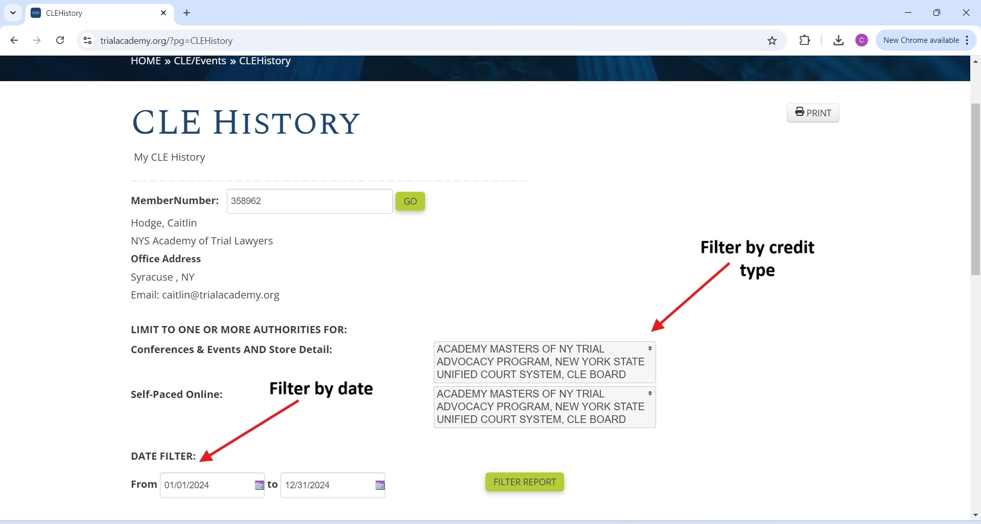 Image of 'CLE History' page with pointers on 'date filter' and 'credit type filter'