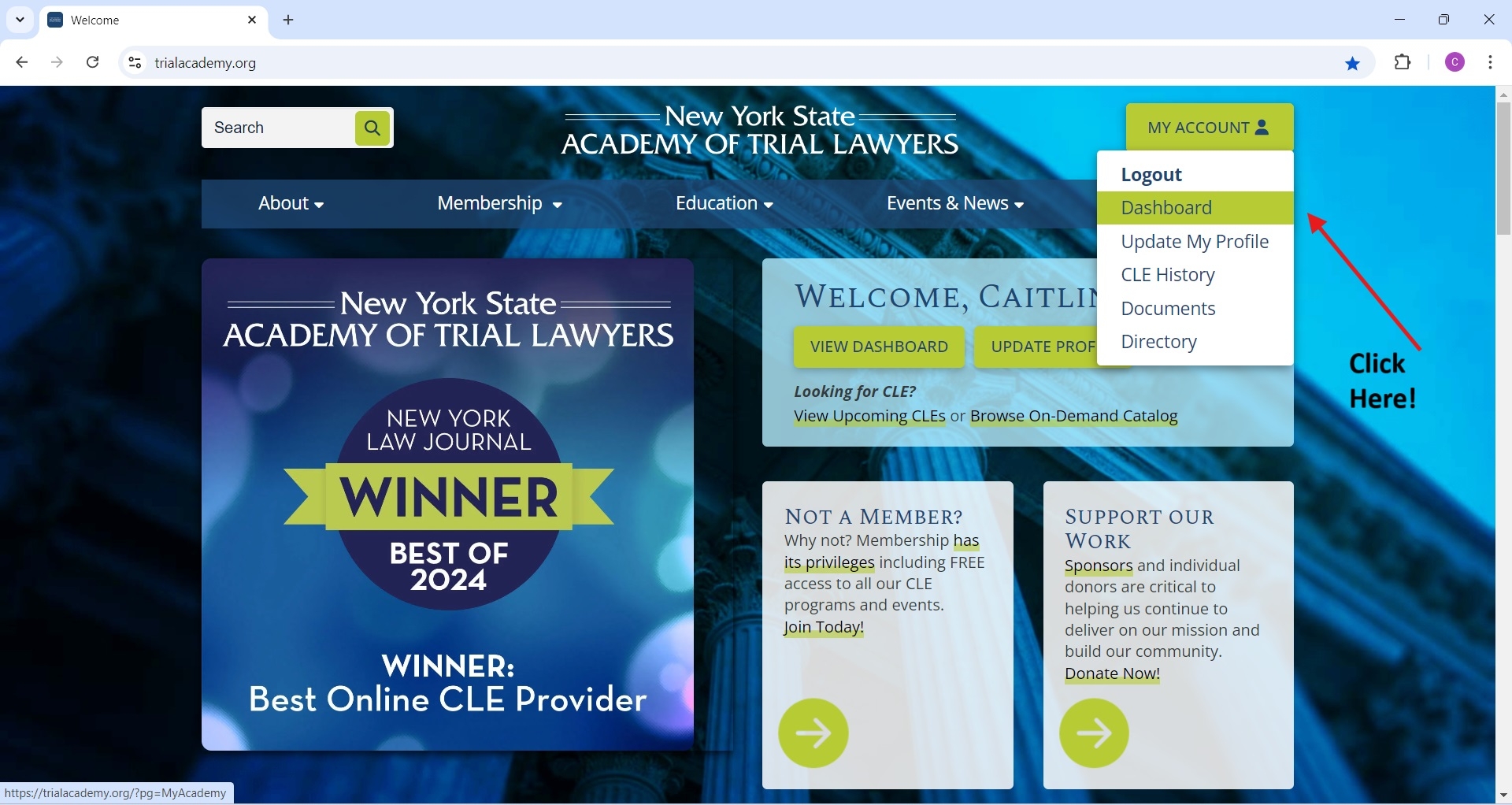 Screenshot of homepage highlighting the 'Dashboard' nav item in the 'My Account' dropdown menu.