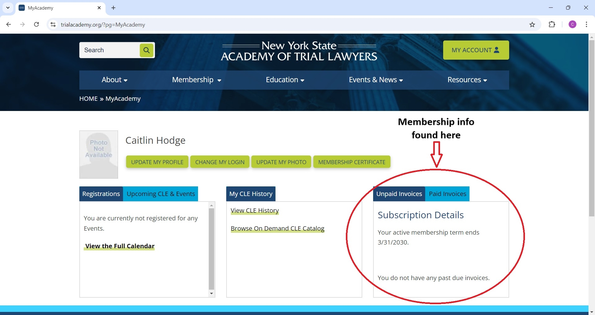 Screenshot of the 'My Academy' page with pointer to the 'subscription details' section containing membership info