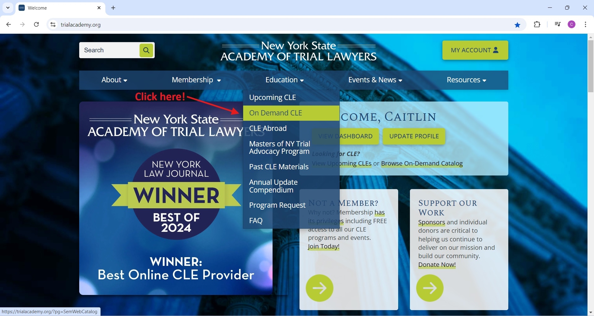 Screenshot of homepage highlighting the 'on-demand CLE' nav item in the 'education' dropdown menu.