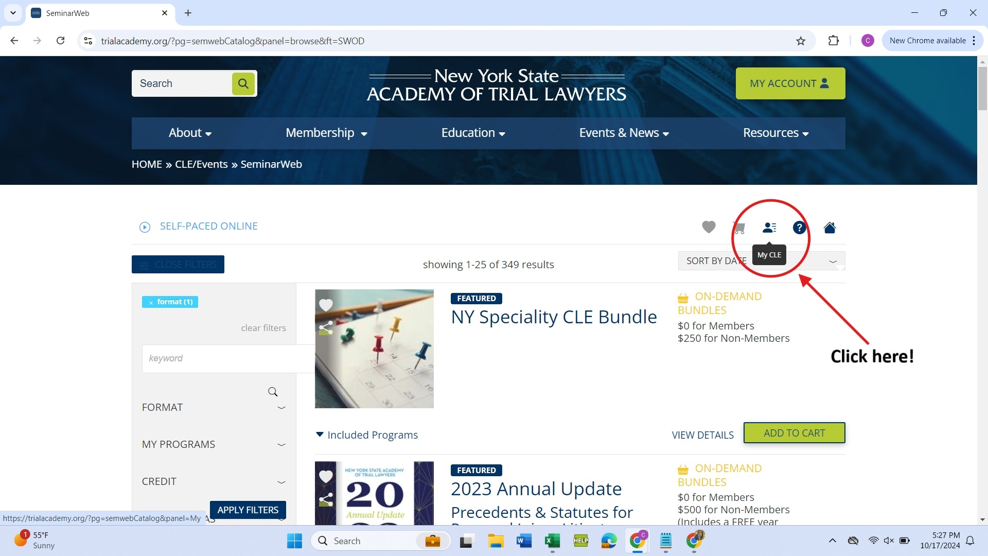 Screenshot of the 'CLE/Events Seminar Web' page with pointer to the 'my CLE profile' icon