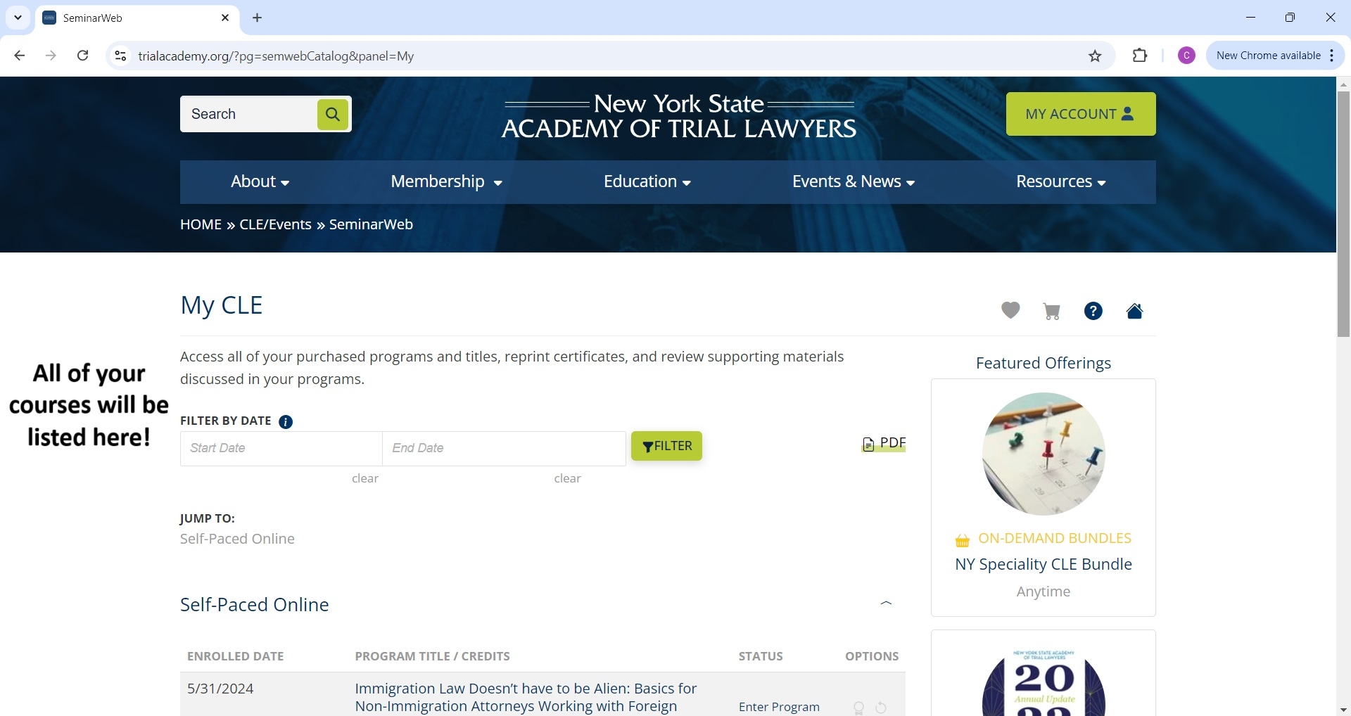 Screenshot of the 'My CLE' page with info text stating 'all of your courses will be listed here'